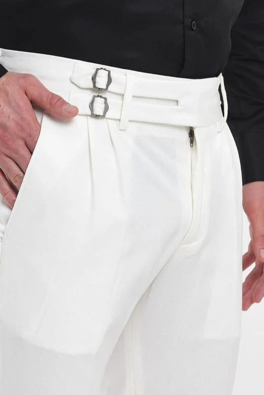 White Double Buckle Gurkha Pants by Ellegance
