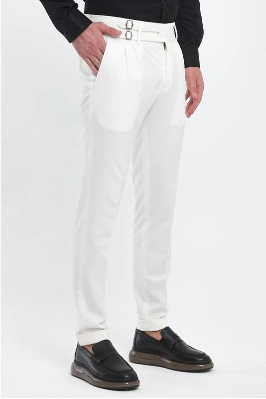 White Double Buckle Gurkha Pants by Ellegance