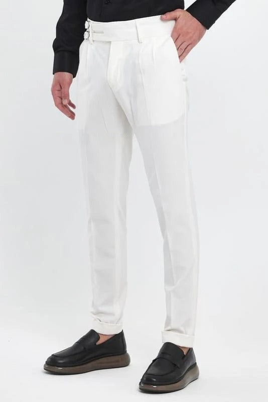 White Double Buckle Gurkha Pants by Ellegance
